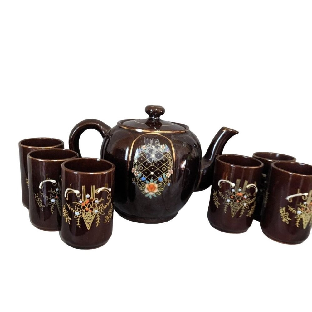 Vintage Japan Brown Ceramic Teapot 4 Cups Sake Set Floral Hand-Painted 5pc set